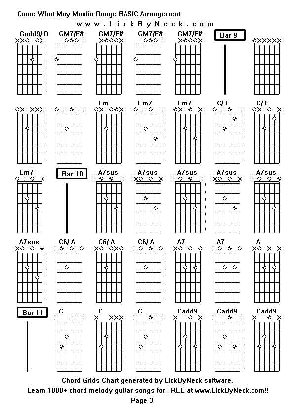 Chord Grids Chart of chord melody fingerstyle guitar song-Come What May-Moulin Rouge-BASIC Arrangement,generated by LickByNeck software.